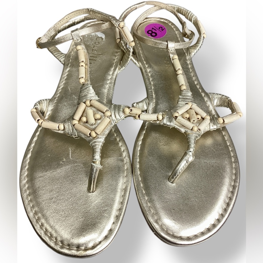Cole Haan Gold Leather Ankle Strap Sandals wood beads t strap southwestern
